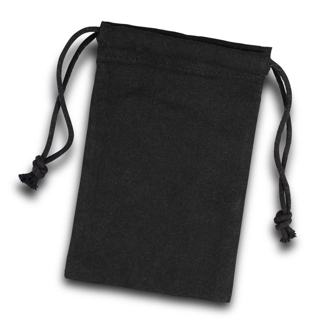 A small black cotton gift bag with drawstring closure. It features a simple design and has a logo.