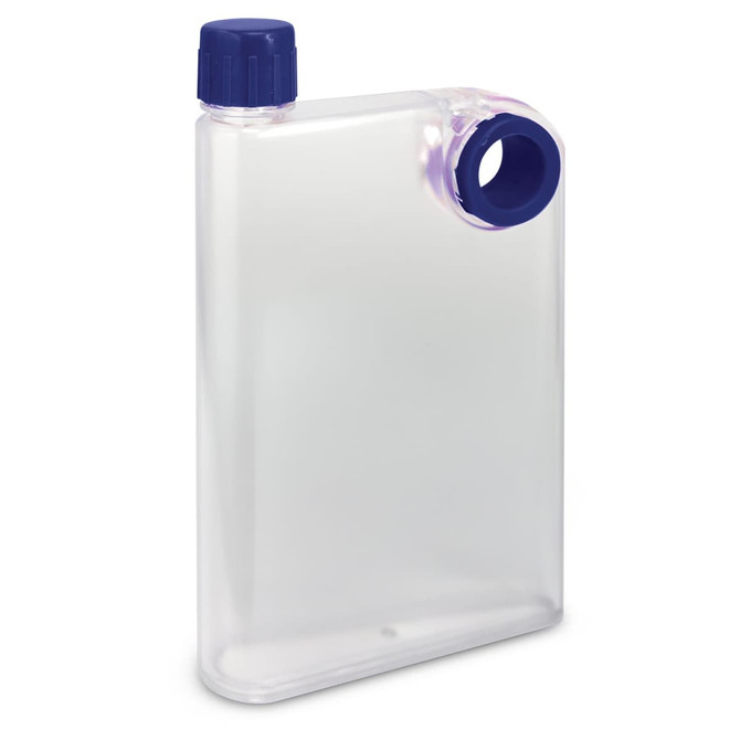 A drink bottle in frosted clear plastic with a blue cap and opening, featuring a simple design.