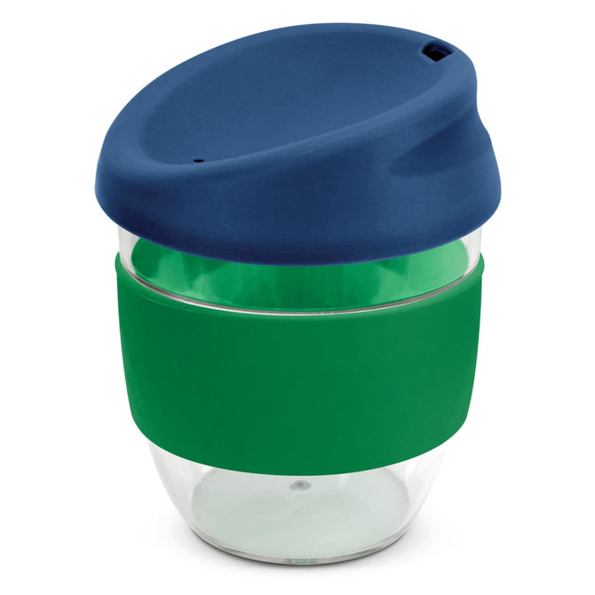 A drink bottle featuring a clear body with a dark blue lid and a green silicone sleeve. It has a logo on the body.
