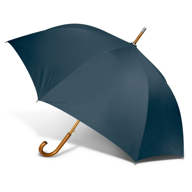 A dark blue Boutique Umbrella with a wooden handle and a smooth canopy. It features a logo.