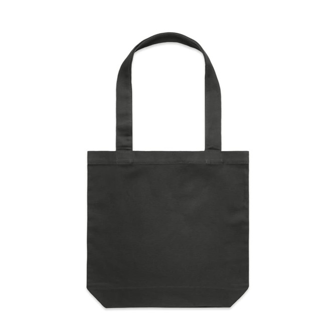 A black tote bag with long handles and a simple design. The bag features a branding label.