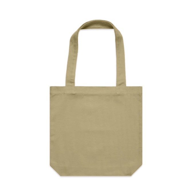 A beige tote bag with two shoulder straps and a simple design, featuring a branding logo.