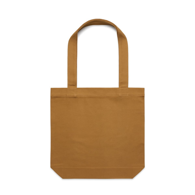 A brown tote bag with two shoulder straps and a simple, unembellished design. It features a branding logo.