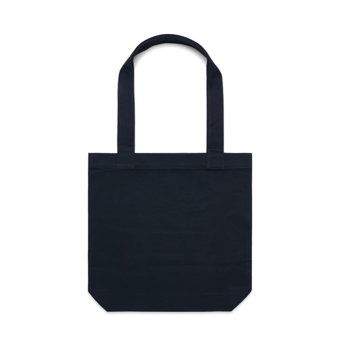 A dark navy tote bag with sturdy handles and a simple design, featuring a branded logo.