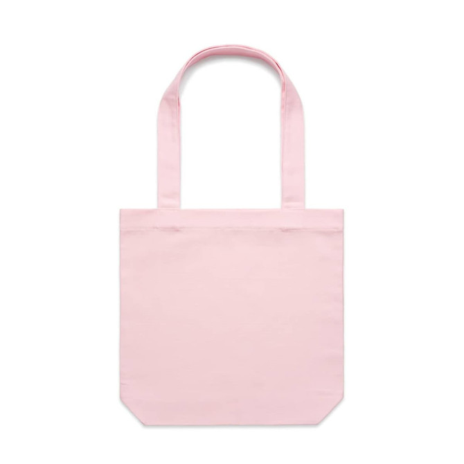 A pink tote bag with two handles and a simple, unadorned design. It features a logo on the front.