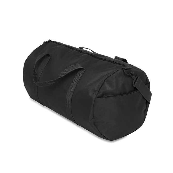 A black duffel bag with handles and a shoulder strap, featuring a zippered compartment.