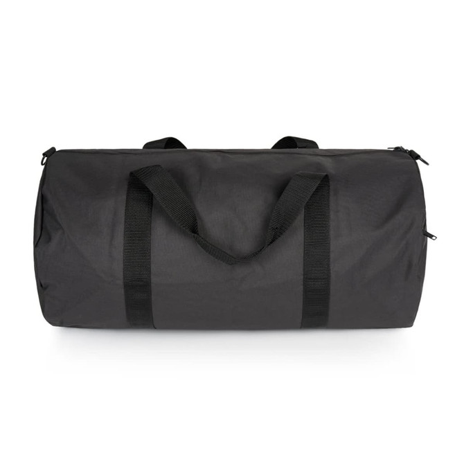 A black duffel bag with sturdy handles and zippers, featuring a simple design and a logo.