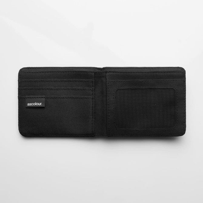 A black recycled fold wallet with multiple card slots and a clear ID pocket. It includes a logo.