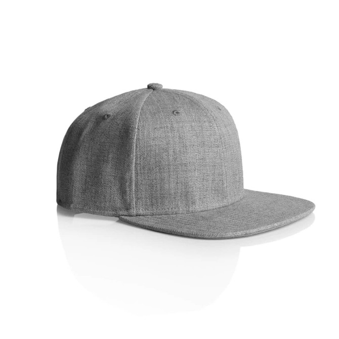 A grey cap with a flat brim and a structured design, featuring a logo on the front.