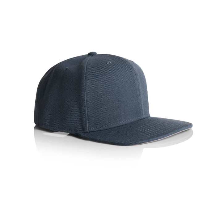 A navy blue cap with a structured design and a flat brim, featuring a logo on the front.