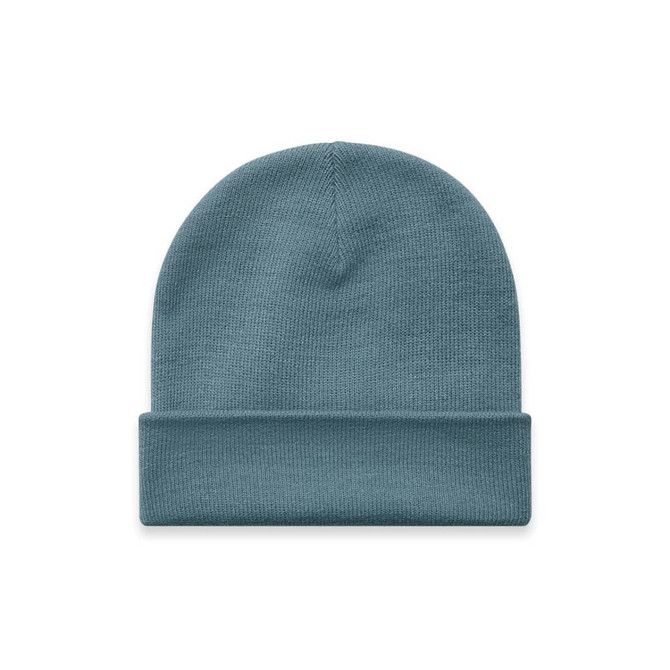 A cuff beanie in a soft blue colour, featuring a folded hem and a smooth knit texture.