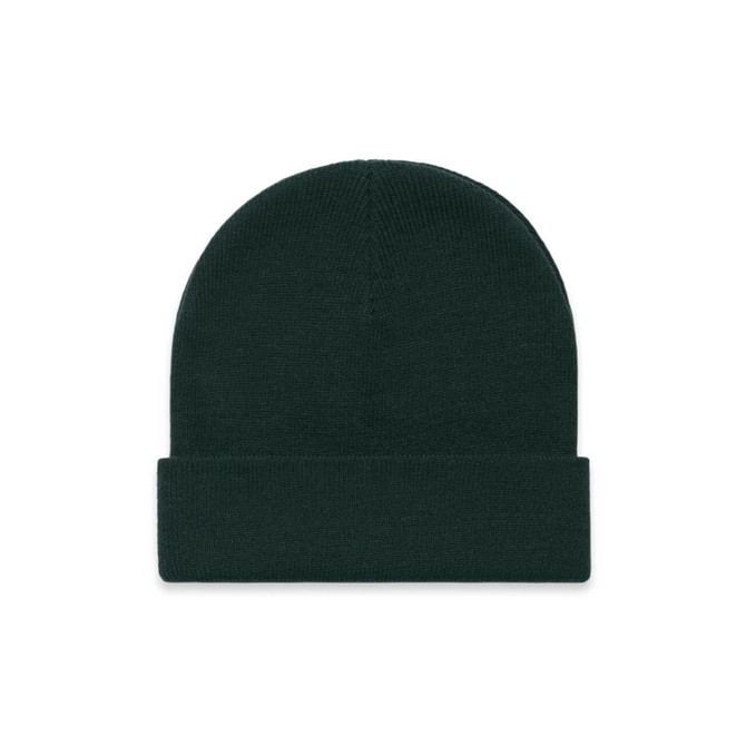 A dark green cuff beanie featuring a fold at the bottom and a textured knit design. It has a logo.