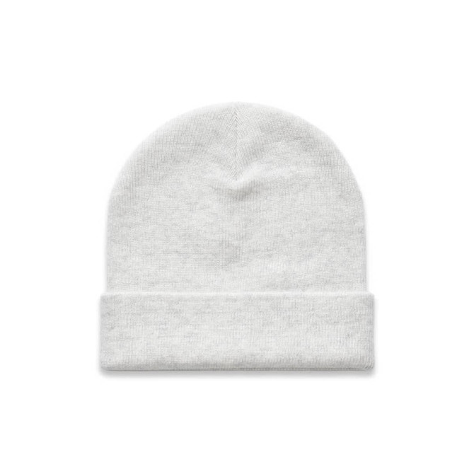 A grey cuff beanie with a folded brim, featuring a logo on the side.