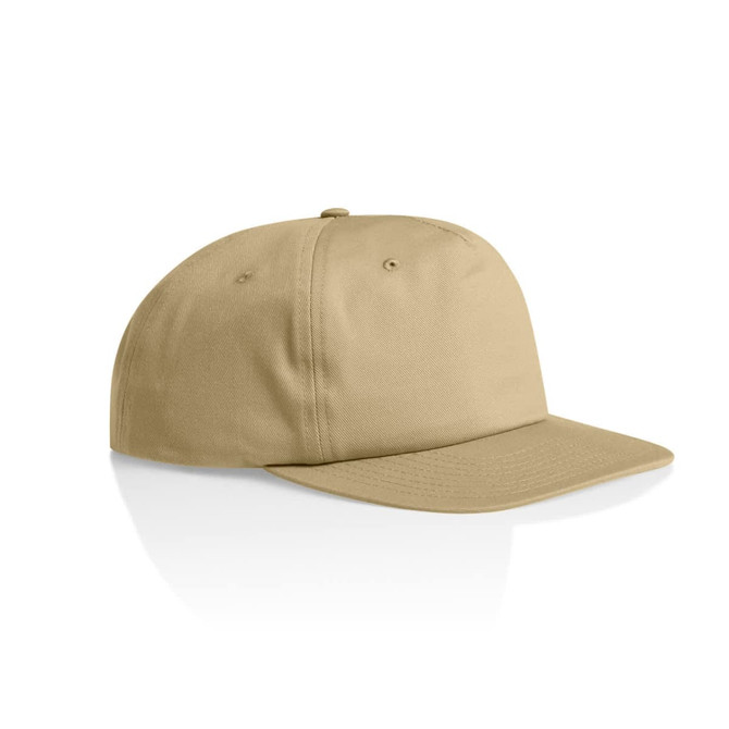 A tan cotton cap with a flat brim and a fitted design, featuring a logo on the front.