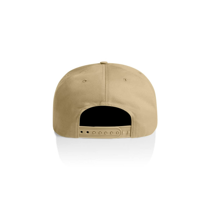 A beige cotton cap with a flat brim and an adjustable strap at the back, featuring a logo.