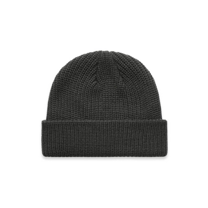 A textured black beanie with a folded cuff, featuring a logo. Ideal for headwear collection.