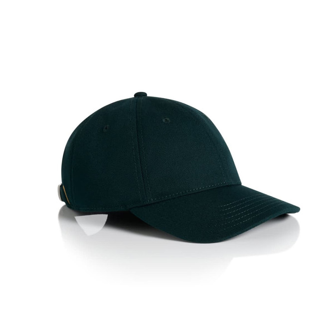 A dark green cap featuring a curved brim and a branding logo on the side.