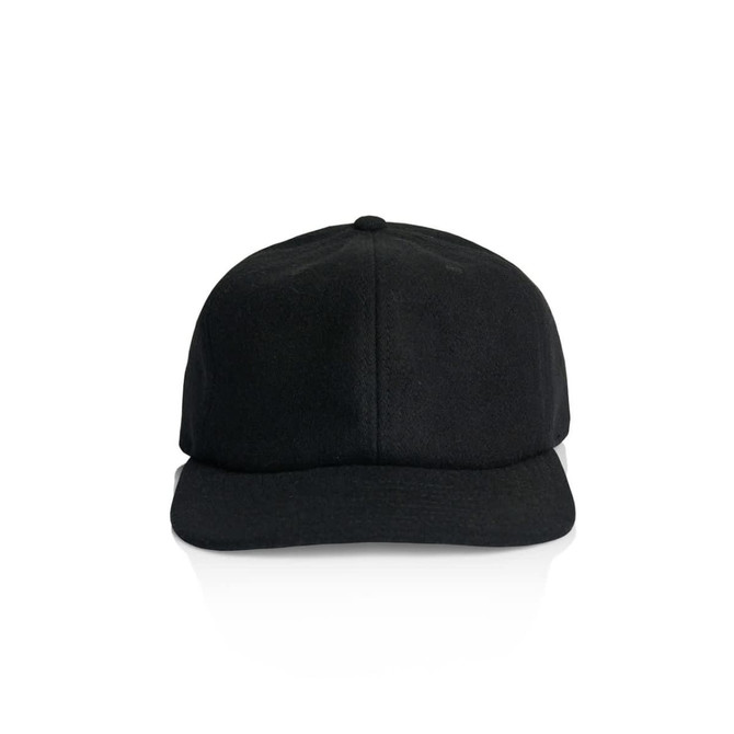 A black wool cap with a rounded crown and stiff brim; features a logo on the front.