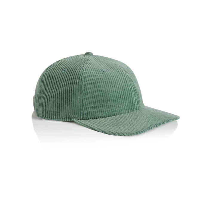 A green corduroy cap with a structured design and a rounded brim, featuring a logo.