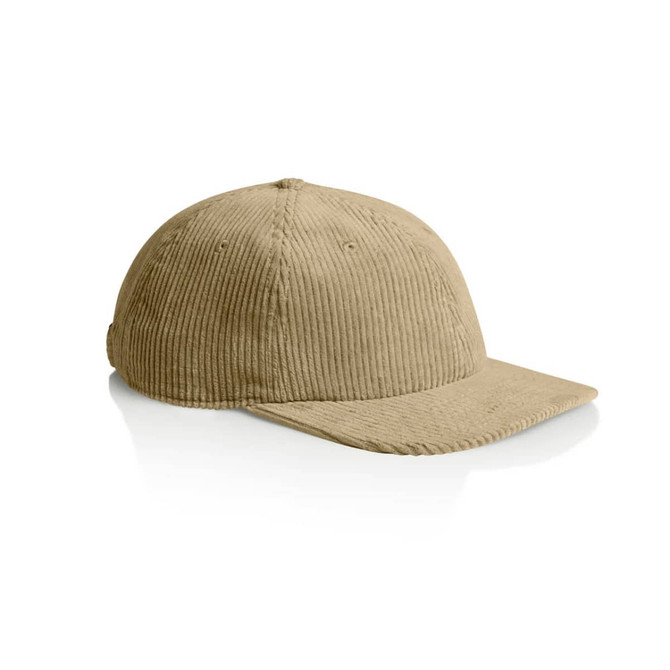 A tan corduroy cap with a curved brim, featuring a logo on the side.