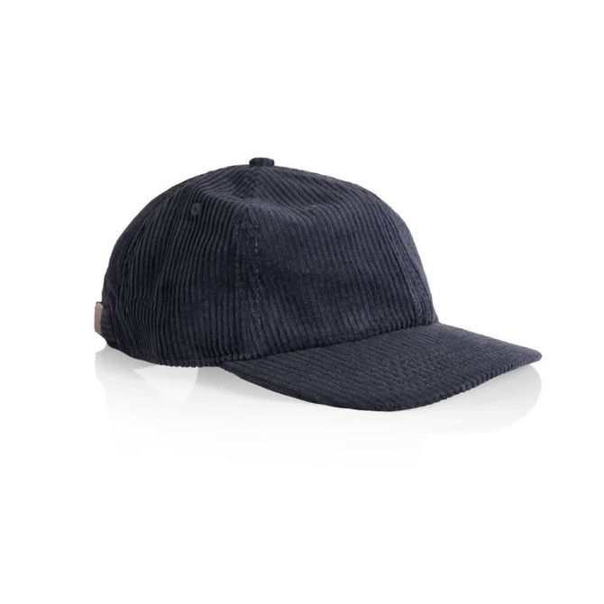 A navy cord cap with a rounded crown and a curved brim, featuring a logo on the side.