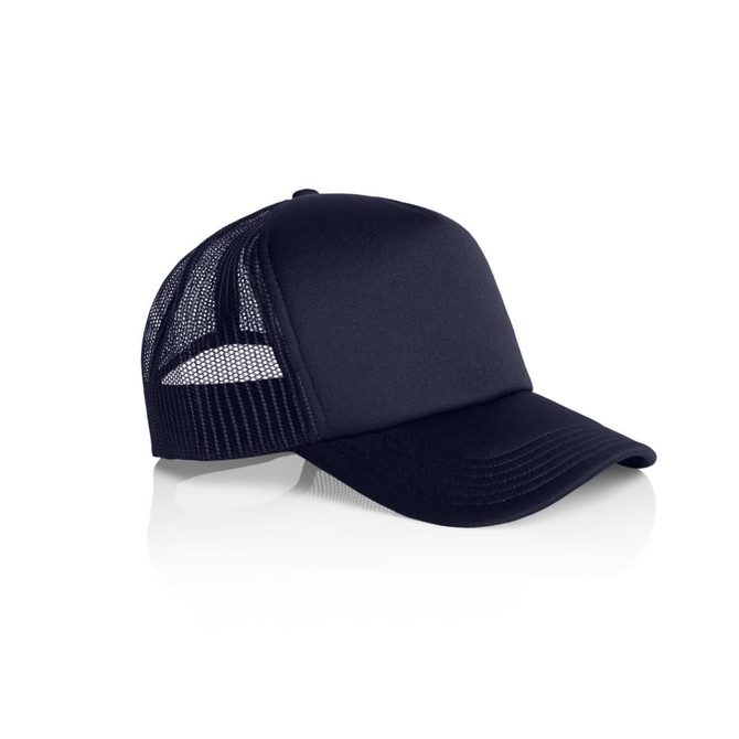 A black foam trucker cap featuring a mesh back and a solid front panel. The cap has a logo on it.
