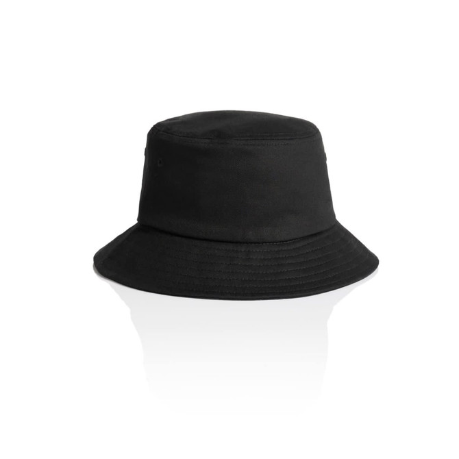 A black kids' bucket hat featuring a wide brim and a simple design with a logo.