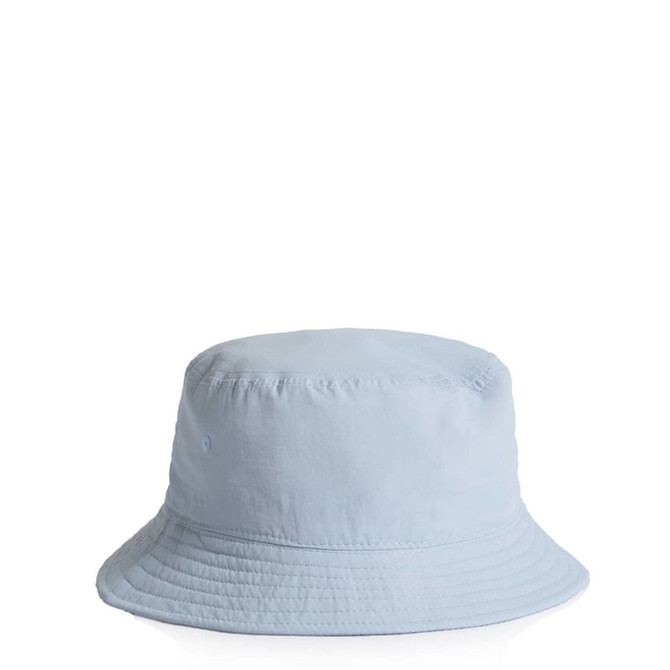 A light blue nylon bucket hat with a flexible brim and a logo on the side.