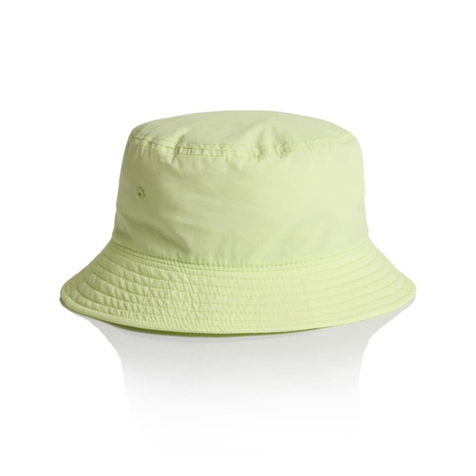 A lime green nylon bucket hat with a flexible brim and a logo on the side.