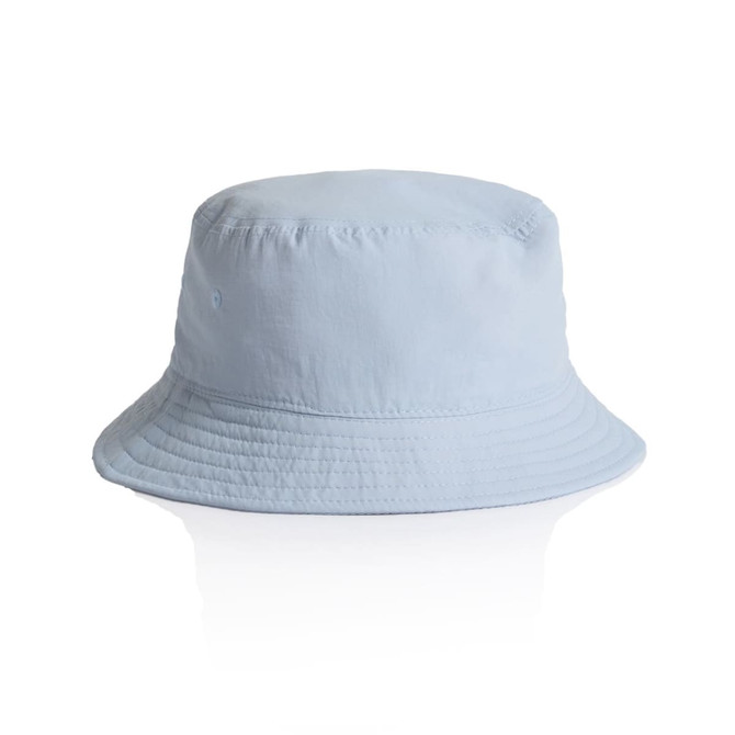A light blue nylon bucket hat with a wide brim and a subtle logo on the side.