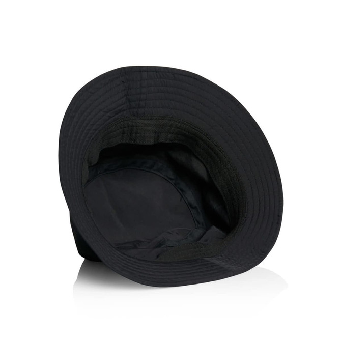 A black nylon bucket hat with a wide brim, featuring an interior lining and a branding logo.