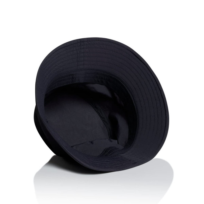 A black nylon bucket hat featuring a wide brim and a soft interior. The hat has a logo inside.