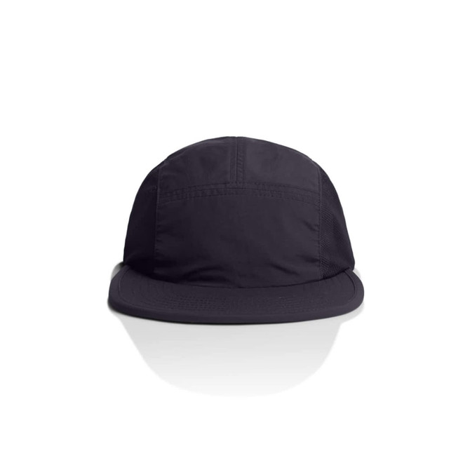 A black cap with a flat brim and a logo, featuring a lightweight fabric design.