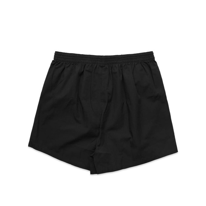 Black boxer shorts with an elastic waistband, featuring a front fly and a simple design.
