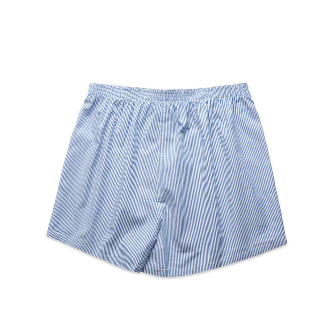 Blue and white striped boxer shorts with an elastic waistband and no visible branding.