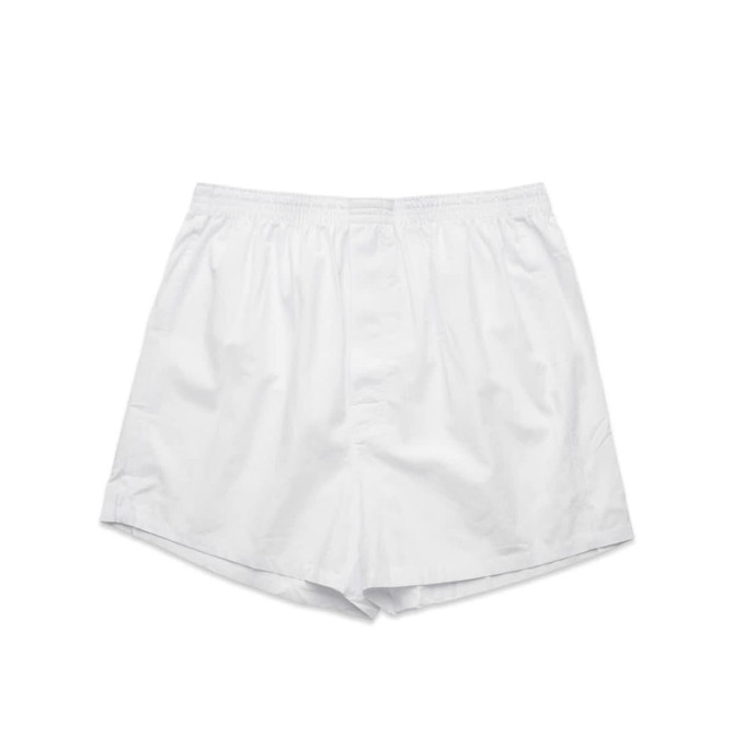 White boxer shorts featuring an elastic waistband and a loose fit, displayed flat against a plain background.