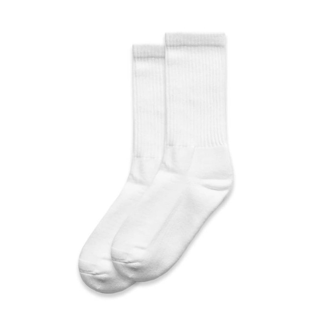A pair of white socks, featuring ribbed detailing, neatly displayed together.