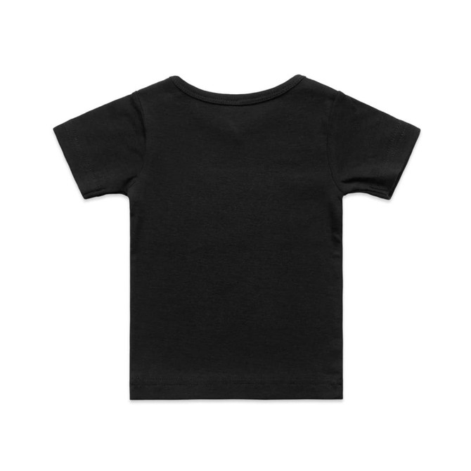 A black organic infant t-shirt with short sleeves and a round neckline, featuring a logo.