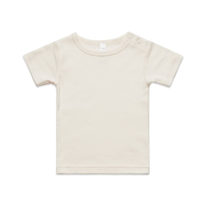 A light beige organic infant t-shirt with short sleeves and shoulder snaps, featuring a simple design.