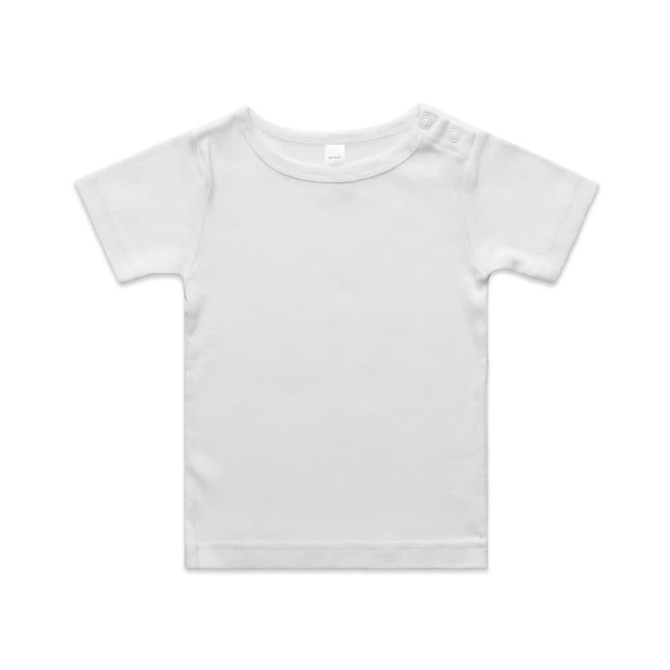 A white organic infant t-shirt featuring a snap button closure at the shoulder and a simple design.