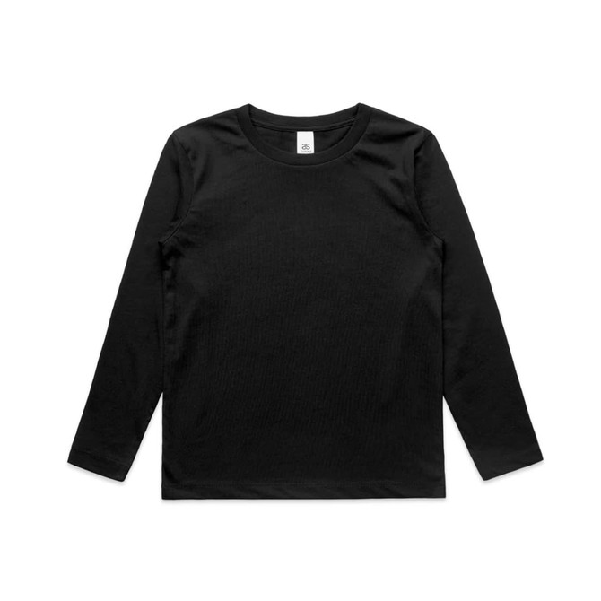 A black long-sleeve t-shirt for kids with a round neckline and a label inside. The shirt has a minimalist design.