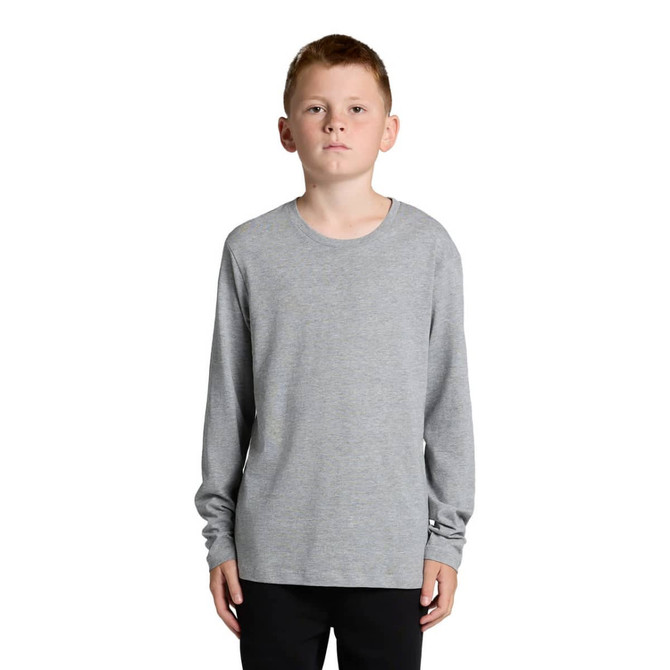 A grey long-sleeve T-shirt for youth, featuring a crew neck and a logo on the side.