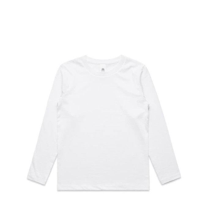 A plain white long-sleeve t-shirt with a simple design and a logo.