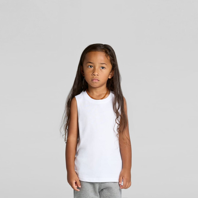 A white sleeveless tank top for kids, displayed on a child with long hair. The top features a logo.