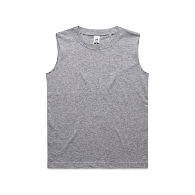 A grey sleeveless tank top displayed flat. The garment features a label and has a simple, classic design.