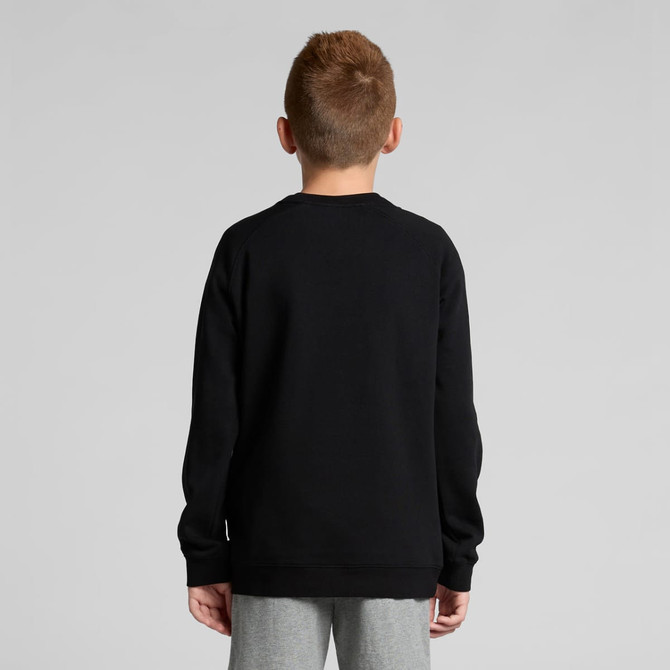 A black jumper for youth, featuring long sleeves and a simple design, seen from the back.