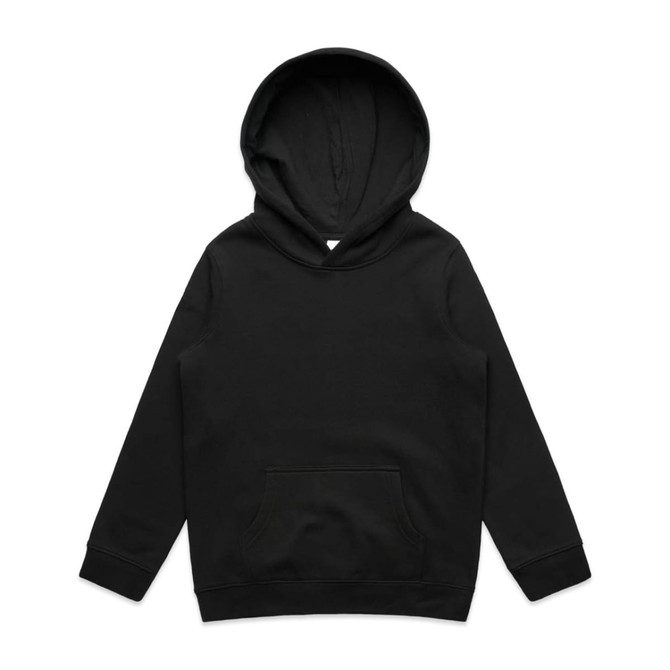 A black hoodie featuring a front pocket and a hood, designed for kids. Includes a logo.