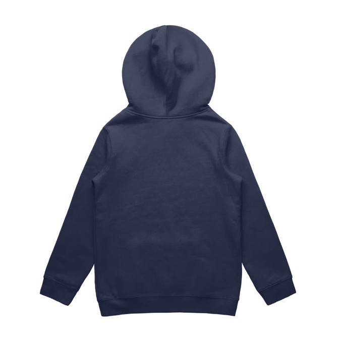 A navy hoodie with a hood, featuring long sleeves and a solid back design. It has a logo on the back.