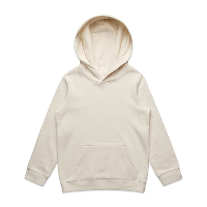 A cream-coloured hoodie with a kangaroo pocket and a large hood. It features a logo or branding.