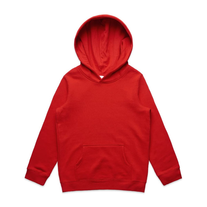 A red hoodie with a front pocket and a large hood. The item has a branding logo on it.